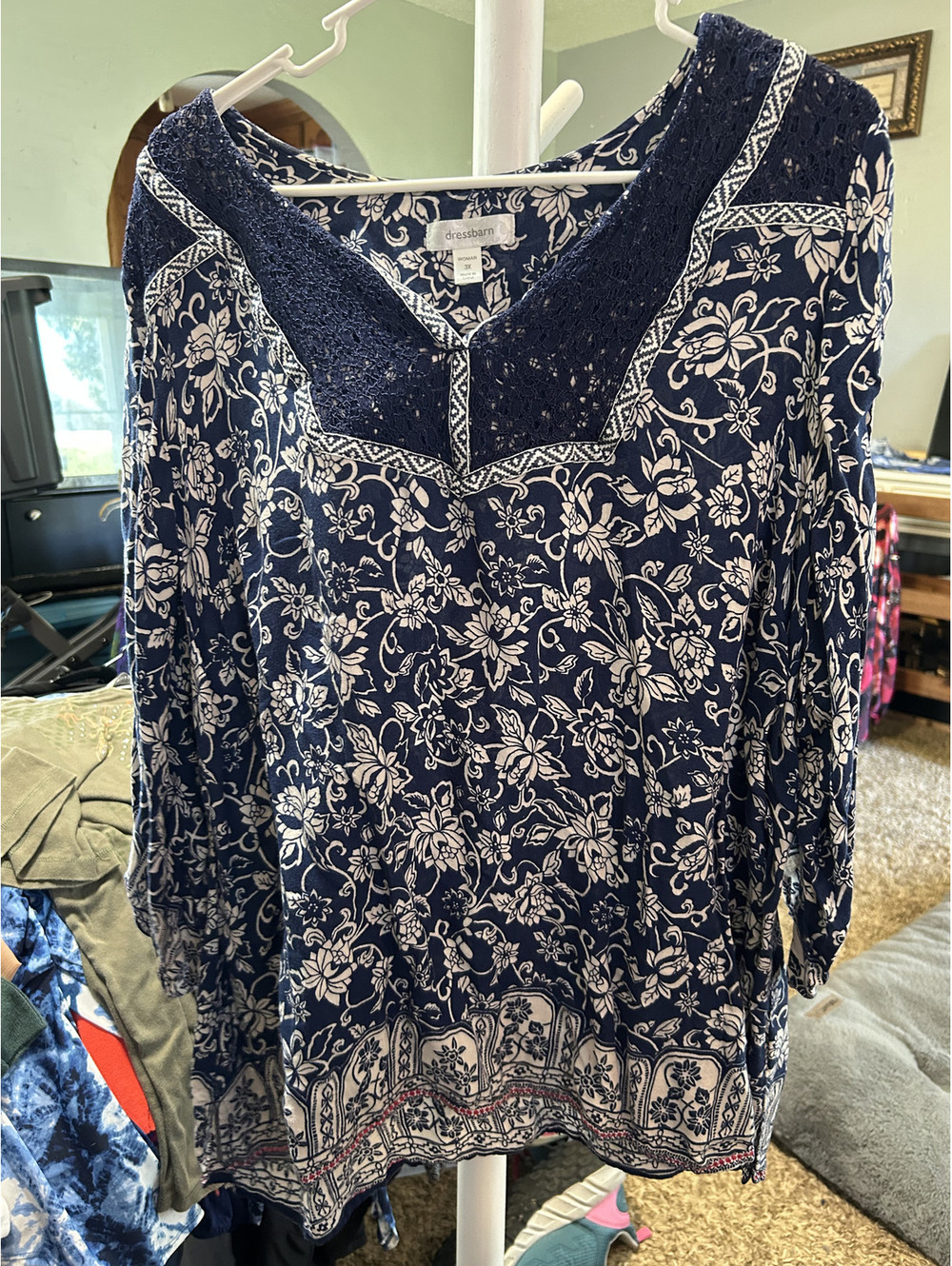 dressbarn Women's 3X Navy Blue Floral Blouse with Crochet Detail